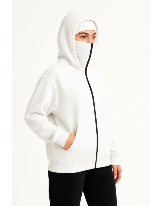 Kadın Samuray Ninja Çift Kapüşonlu Maske Detaylı Fermuarlı Kanguru Cepli Hoodie - Beyaz