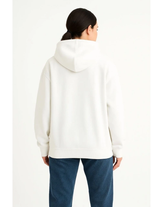 Kadın Samuray Ninja Çift Kapüşonlu Maske Detaylı Fermuarlı Kanguru Cepli Hoodie - Beyaz