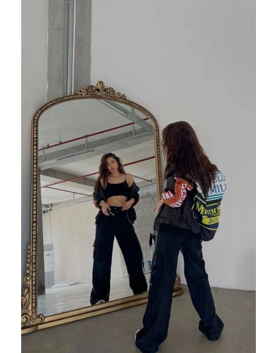 Kadın Sırt ve Kol Parça Baskılı Bomber Ceket - Siyah