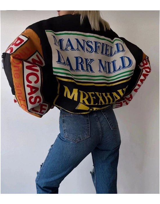 Kadın Sırt ve Kol Parça Baskılı Bomber Ceket - Siyah