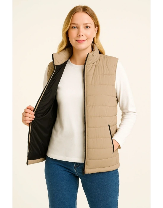 Kadın Şişme Fermuarlı Yelek Su itici Kapitone Astarlı Kumaş Cepli Hafif Kışlık Spor Rahat Kalıp - Bej