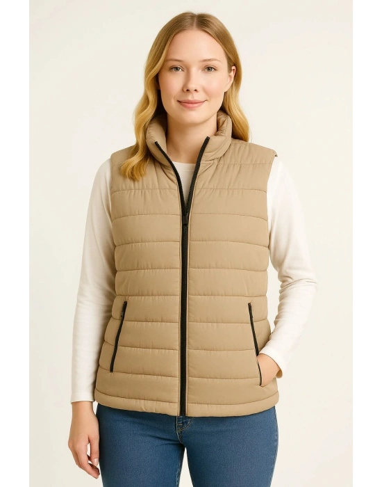 Kadın Şişme Fermuarlı Yelek Su itici Kapitone Astarlı Kumaş Cepli Hafif Kışlık Spor Rahat Kalıp - Bej