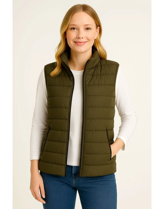 Kadın Şişme Fermuarlı Yelek Su itici Kapitone Astarlı Kumaş Cepli Hafif Kışlık Spor Rahat Kalıp - Haki