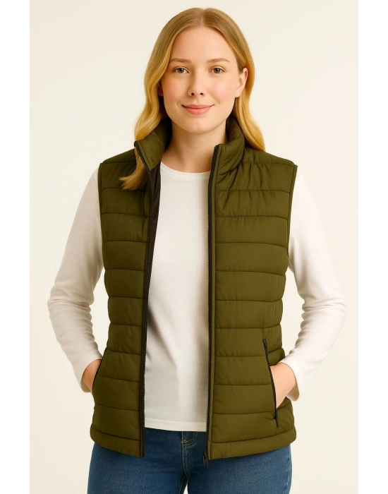 Kadın Şişme Fermuarlı Yelek Su itici Kapitone Astarlı Kumaş Cepli Hafif Kışlık Spor Rahat Kalıp - Haki