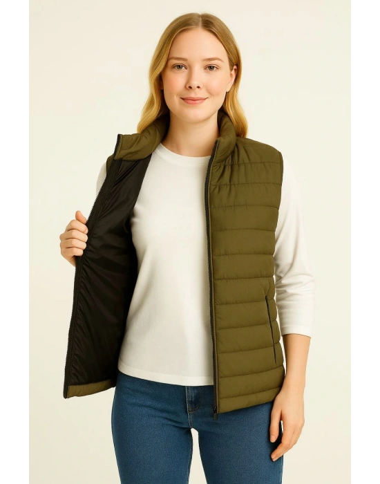 Kadın Şişme Fermuarlı Yelek Su itici Kapitone Astarlı Kumaş Cepli Hafif Kışlık Spor Rahat Kalıp - Haki