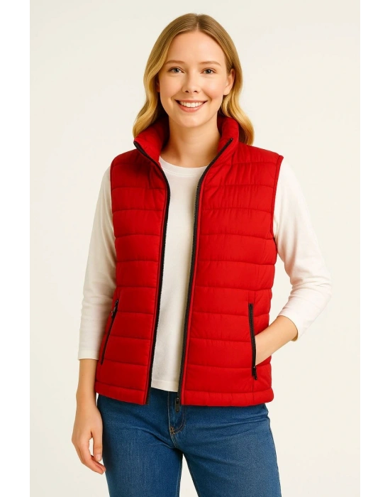 Kadın Şişme Fermuarlı Yelek Su itici Kapitone Astarlı Kumaş Cepli Hafif Kışlık Spor Rahat Kalıp - Kırmızı