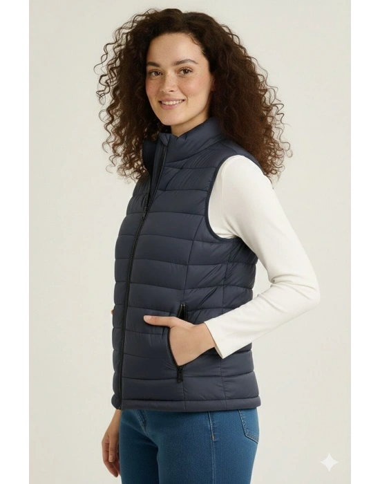 Kadın Şişme Fermuarlı Yelek Su itici Kapitone Astarlı Kumaş Cepli Hafif Kışlık Spor Rahat Kalıp - Lacivert