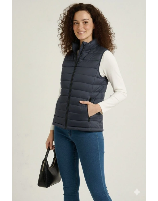 Kadın Şişme Fermuarlı Yelek Su itici Kapitone Astarlı Kumaş Cepli Hafif Kışlık Spor Rahat Kalıp - Lacivert