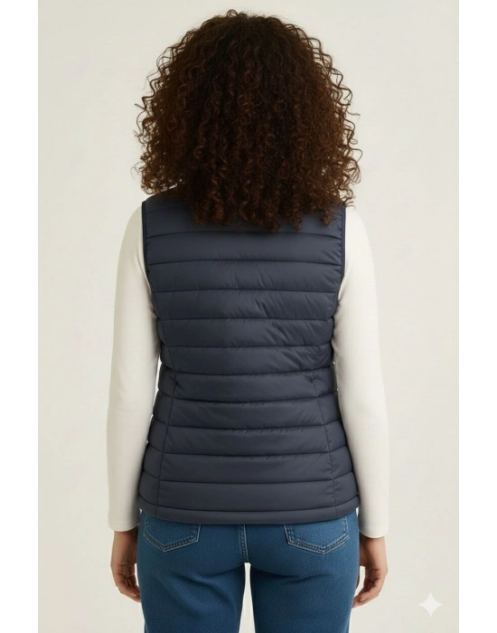 Kadın Şişme Fermuarlı Yelek Su itici Kapitone Astarlı Kumaş Cepli Hafif Kışlık Spor Rahat Kalıp - Lacivert