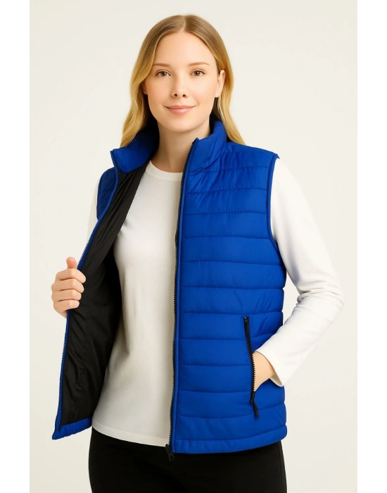 Kadın Şişme Fermuarlı Yelek Su itici Kapitone Astarlı Kumaş Cepli Hafif Kışlık Spor Rahat Kalıp - Saks Mavisi