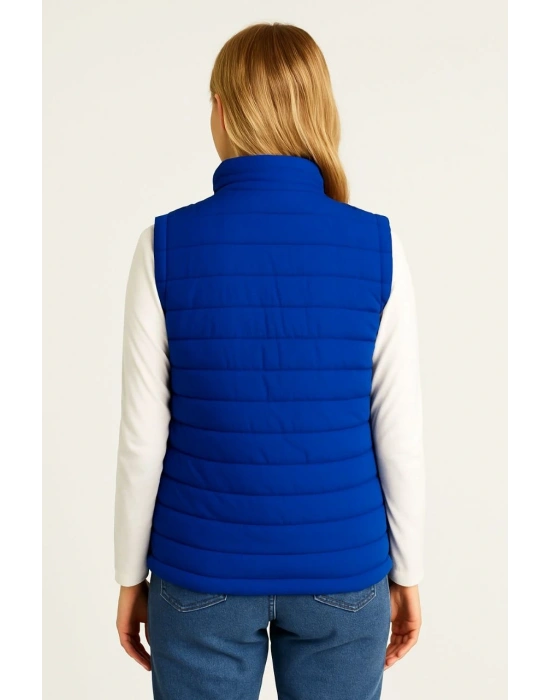 Kadın Şişme Fermuarlı Yelek Su itici Kapitone Astarlı Kumaş Cepli Hafif Kışlık Spor Rahat Kalıp - Saks Mavisi