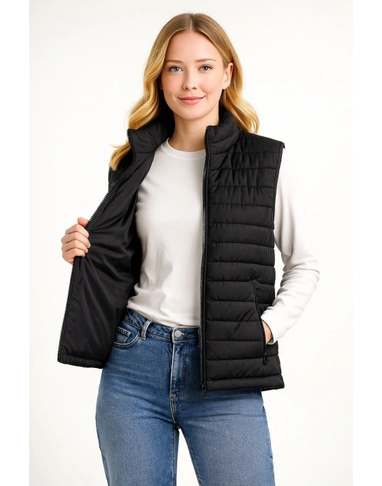 Kadın Şişme Fermuarlı Yelek Su itici Kapitone Astarlı Kumaş Cepli Hafif Kışlık Spor Rahat Kalıp - Siyah