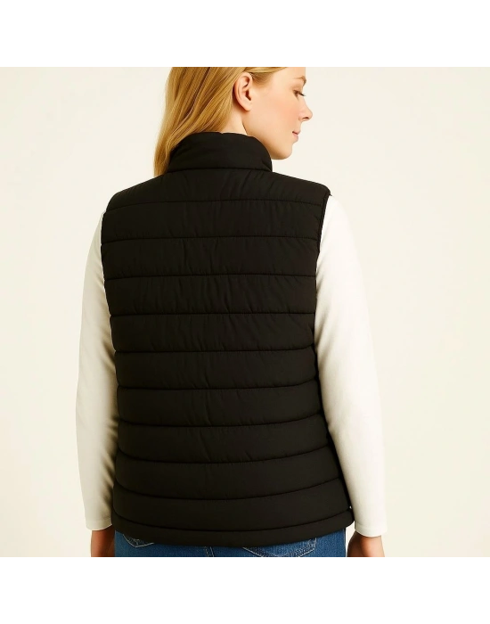 Kadın Şişme Fermuarlı Yelek Su itici Kapitone Astarlı Kumaş Cepli Hafif Kışlık Spor Rahat Kalıp - Siyah