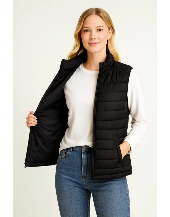 Kadın Şişme Fermuarlı Yelek Su itici Kapitone Astarlı Kumaş Cepli Hafif Kışlık Spor Rahat Kalıp - Siyah