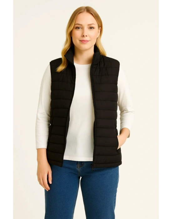 Kadın Şişme Fermuarlı Yelek Su itici Kapitone Astarlı Kumaş Cepli Hafif Kışlık Spor Rahat Kalıp - Siyah