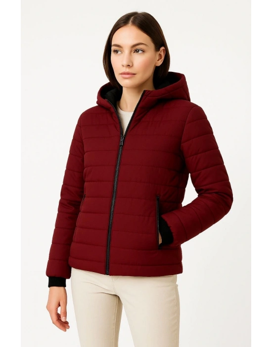 Kadın Şişme Kapüşonlu Fermuarlı Mont Su itici Kapitone Astarlı Kumaş Cepli Kışlık Rahat Kalıp - Bordo