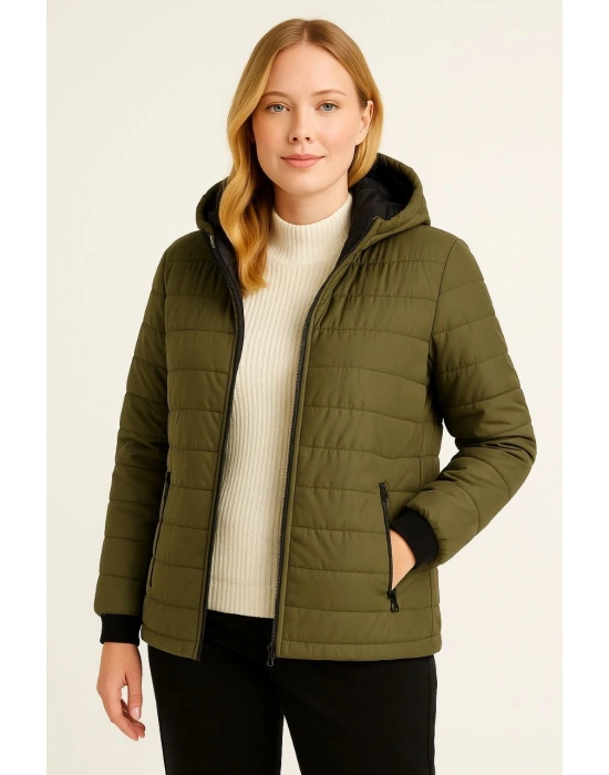 Kadın Şişme Kapüşonlu Fermuarlı Mont Su itici Kapitone Astarlı Kumaş Cepli Kışlık Rahat Kalıp - Haki