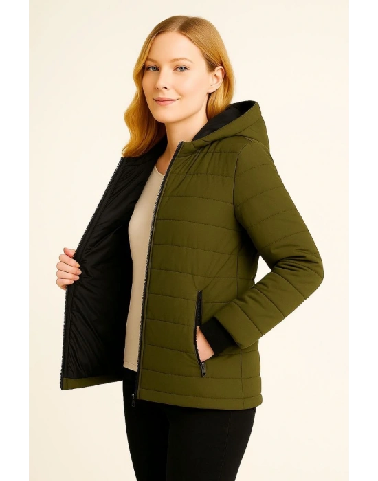 Kadın Şişme Kapüşonlu Fermuarlı Mont Su itici Kapitone Astarlı Kumaş Cepli Kışlık Rahat Kalıp - Haki