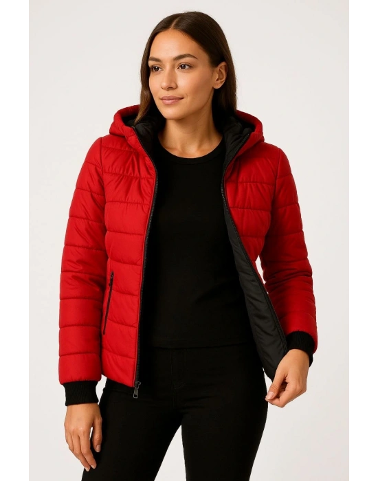 Kadın Şişme Kapüşonlu Fermuarlı Mont Su itici Kapitone Astarlı Kumaş Cepli Kışlık Rahat Kalıp - Kırmızı
