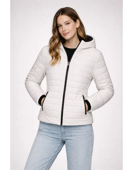 Kadın Şişme Kapüşonlu Fermuarlı Mont Su itici Kapitone Astarlı Kumaş Cepli Kışlık Rahat Kalıp - Krem