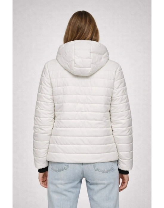 Kadın Şişme Kapüşonlu Fermuarlı Mont Su itici Kapitone Astarlı Kumaş Cepli Kışlık Rahat Kalıp - Krem