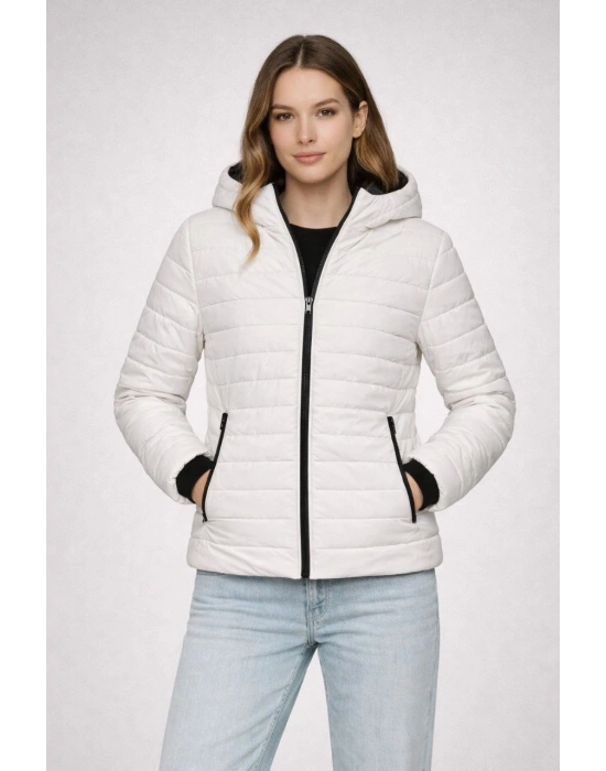 Kadın Şişme Kapüşonlu Fermuarlı Mont Su itici Kapitone Astarlı Kumaş Cepli Kışlık Rahat Kalıp - Krem