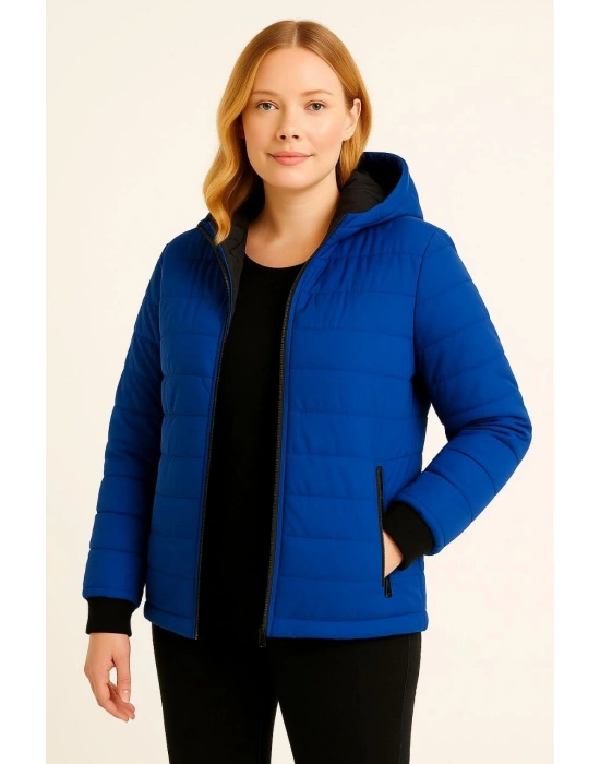 Kadın Şişme Kapüşonlu Fermuarlı Mont Su itici Kapitone Astarlı Kumaş Cepli Kışlık Rahat Kalıp - Saks Mavisi