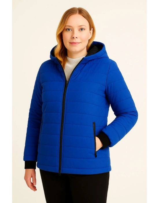 Kadın Şişme Kapüşonlu Fermuarlı Mont Su itici Kapitone Astarlı Kumaş Cepli Kışlık Rahat Kalıp - Saks Mavisi