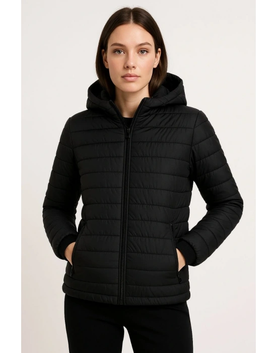 Kadın Şişme Kapüşonlu Fermuarlı Mont Su itici Kapitone Astarlı Kumaş Cepli Kışlık Rahat Kalıp - Siyah