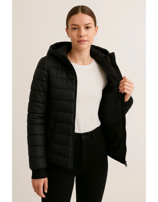 Kadın Şişme Kapüşonlu Fermuarlı Mont Su itici Kapitone Astarlı Kumaş Cepli Kışlık Rahat Kalıp - Siyah