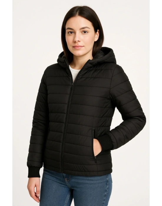 Kadın Şişme Kapüşonlu Fermuarlı Mont Su itici Kapitone Astarlı Kumaş Cepli Kışlık Rahat Kalıp - Siyah