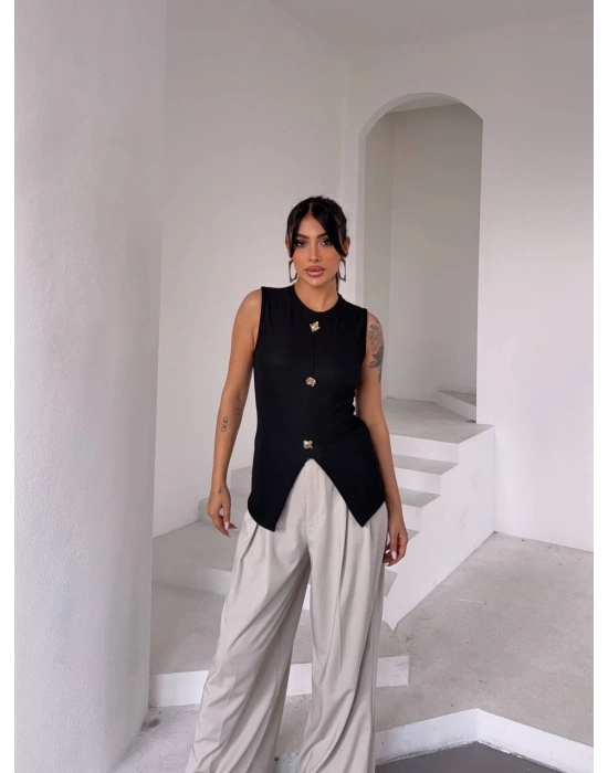 Kadın siyah bisiklet yaka gold düğmeli ottoman bluz s2310