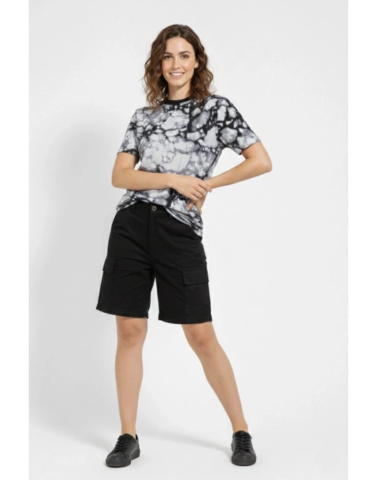 Kadın Siyah Gri Taş Desenli Tişört – Regular kalıp, Bisiklet Yaka, Dijital Baskılı Modern Tasarım T-Shirt - Siyah