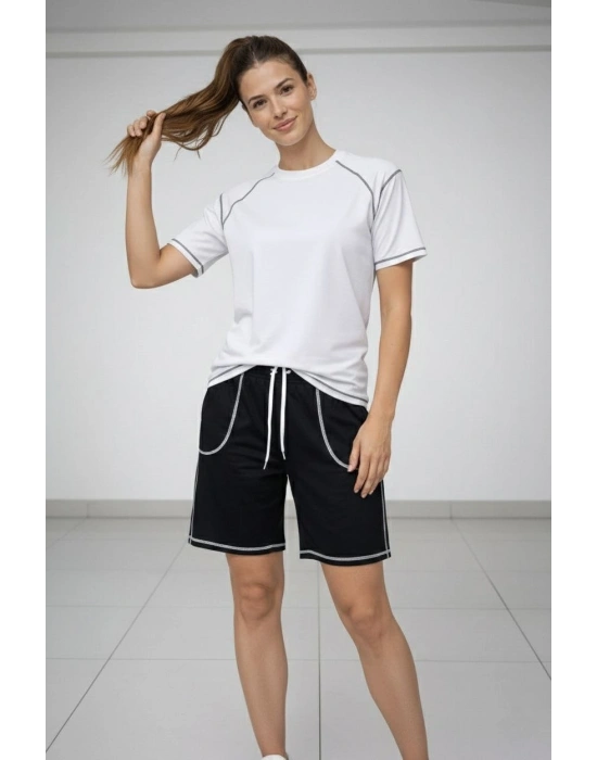 Kadın Spor Tişört Şort Takım Kontrast Dikiş Detaylı Ovarsize rahat kalıp - Beyaz