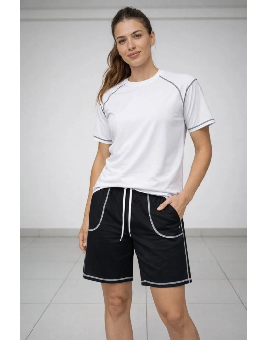 Kadın Spor Tişört Şort Takım Kontrast Dikiş Detaylı Ovarsize rahat kalıp - Beyaz