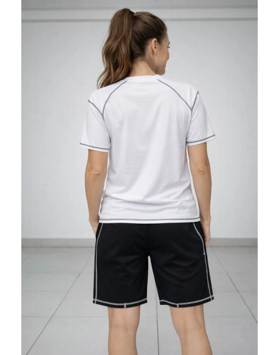 Kadın Spor Tişört Şort Takım Kontrast Dikiş Detaylı Ovarsize rahat kalıp - Beyaz