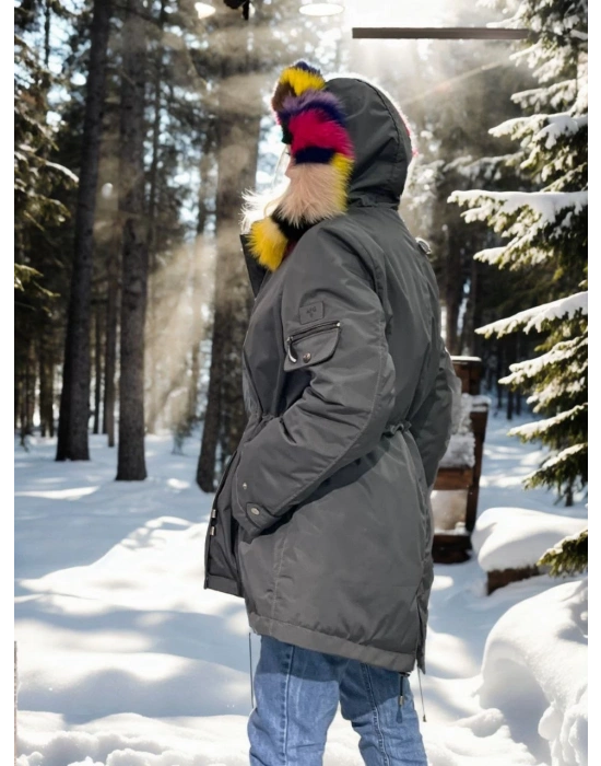 Kadın Su Geçirmez Kapüşonlu Mont - Füme