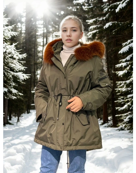 Kadın Su Geçirmez Kapüşonlu Mont - Haki