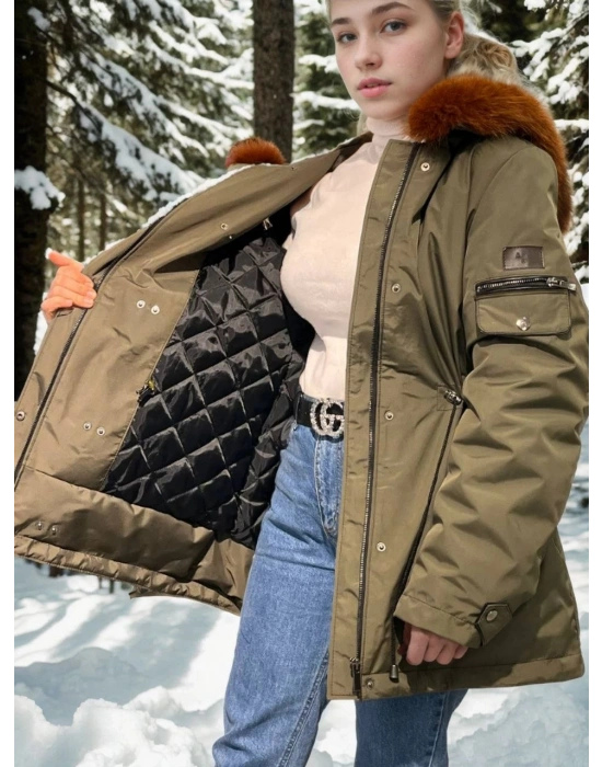 Kadın Su Geçirmez Kapüşonlu Mont - Haki