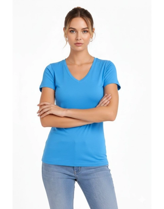 Kadın T-Shirt V Yaka Slim Fit Likralı Tişört Günlük Basic Body - Açık Mavi