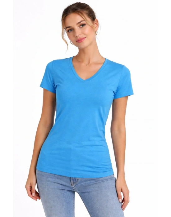 Kadın T-Shirt V Yaka Slim Fit Likralı Tişört Günlük Basic Body - Açık Mavi