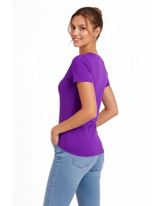 Kadın T-Shirt V Yaka Slim Fit Likralı Tişört Günlük Basic Body - Mor