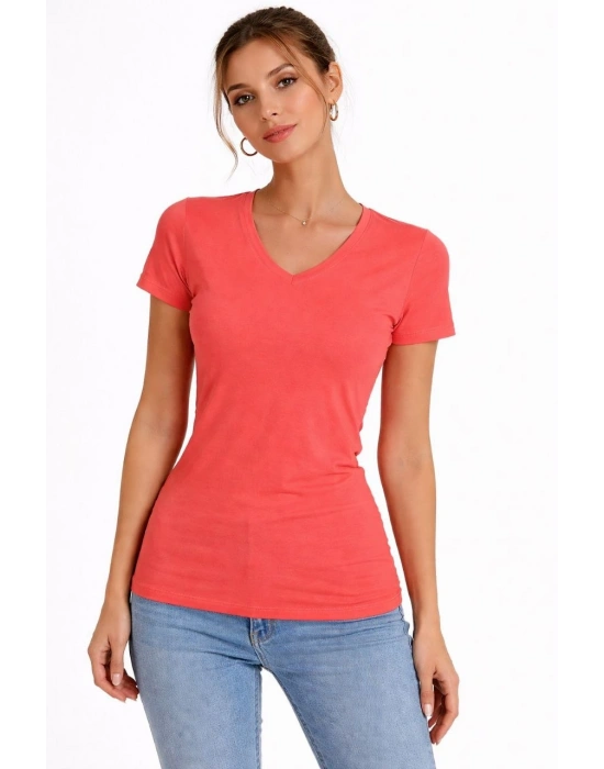 Kadın T-Shirt V Yaka Slim Fit Likralı Tişört Günlük Basic Body - Nar Çiçeği