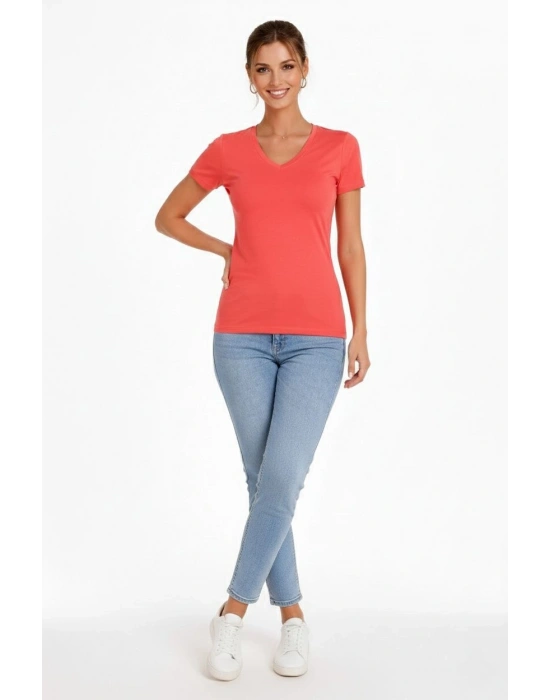 Kadın T-Shirt V Yaka Slim Fit Likralı Tişört Günlük Basic Body - Nar Çiçeği