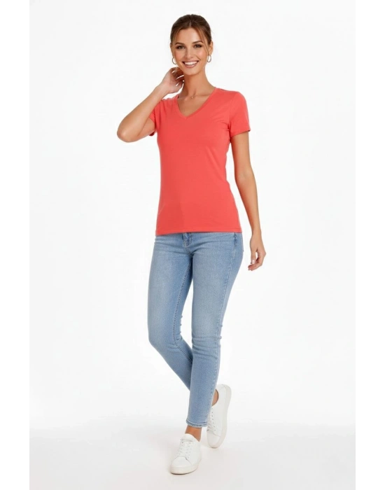 Kadın T-Shirt V Yaka Slim Fit Likralı Tişört Günlük Basic Body - Nar Çiçeği