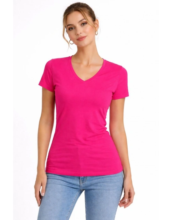 Kadın T-Shirt V Yaka Slim Fit Likralı Tişört Günlük Basic Body - Pembe