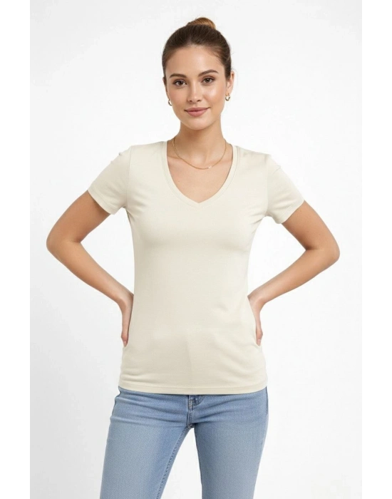 Kadın T-Shirt V Yaka Slim Fit Likralı Tişört Günlük Basic Body - Taş