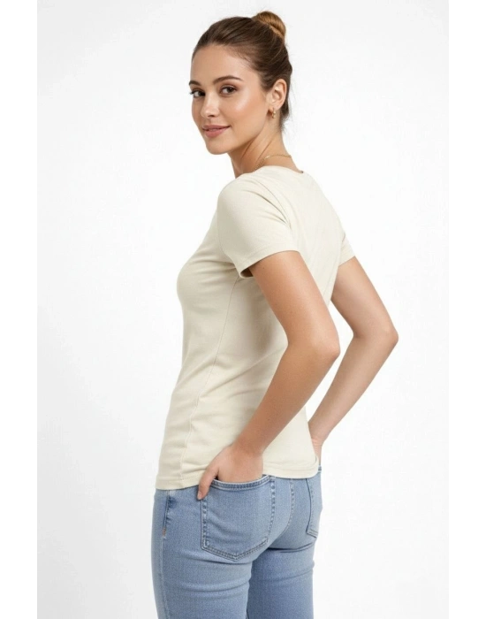 Kadın T-Shirt V Yaka Slim Fit Likralı Tişört Günlük Basic Body - Taş