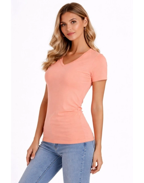 Kadın T-Shirt V Yaka Slim Fit Likralı Tişört Günlük Basic Body - Toz Pembe