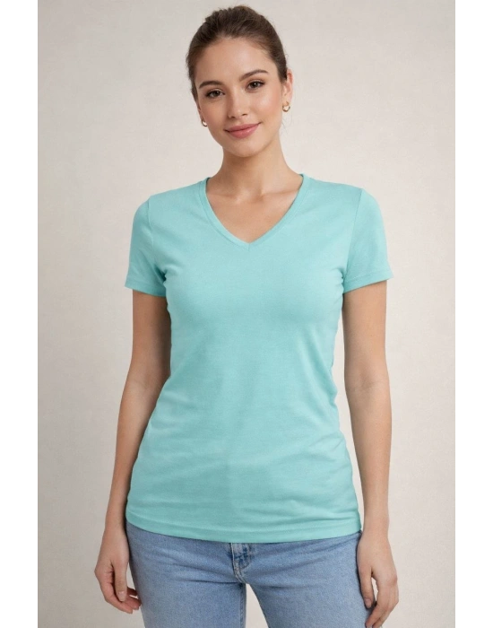 Kadın T-Shirt V Yaka Slim Fit Likralı Tişört Günlük Basic Body - Turkuvaz